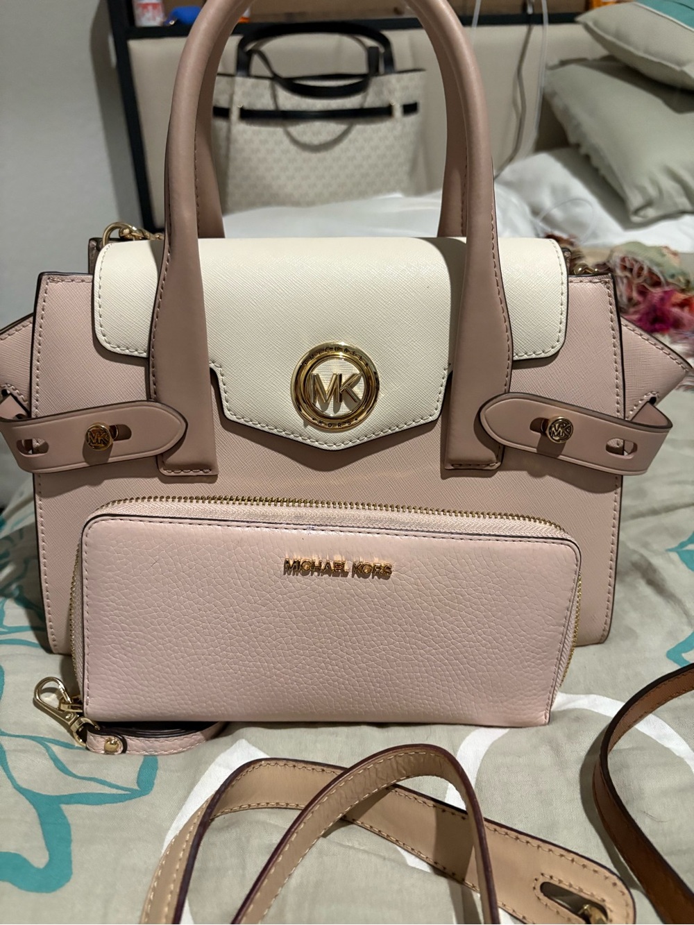 Michael Kors Blush Pink & Cream Saffiano Satchel with Gold Hardware